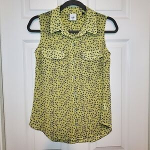 Cabi Viola Blouse #5348 Yellow Black Sheer Sleeveless Button Front Top Sz XSmall